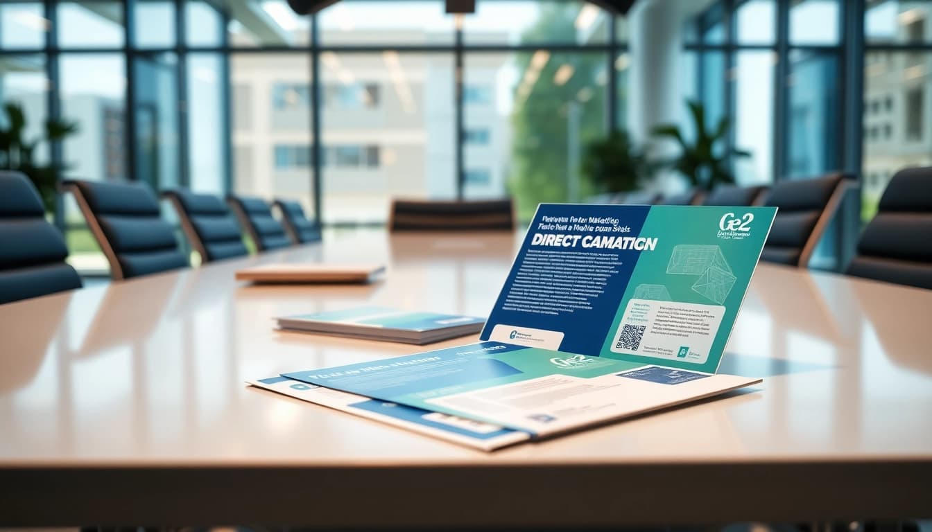 Showcasing vibrant Atlas Direct Mail materials in a modern office setting