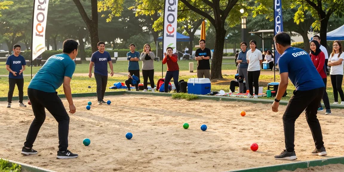 Permainan petanque komunitas yang diorganisir oleh fopikotabalikpap.org di taman kota Balikpapan, dengan suasana bahagia.