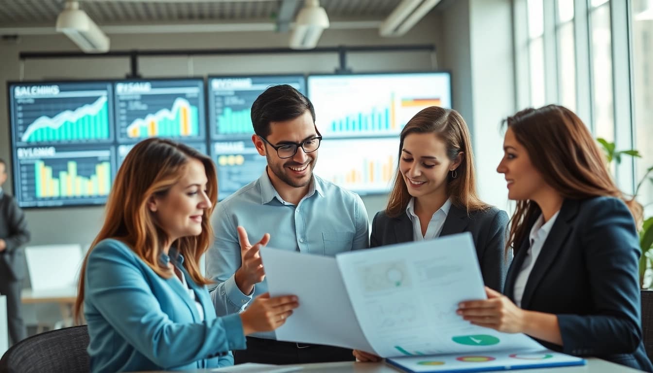 Analyze competitive intelligence faqs with a diverse team in a dynamic office environment.