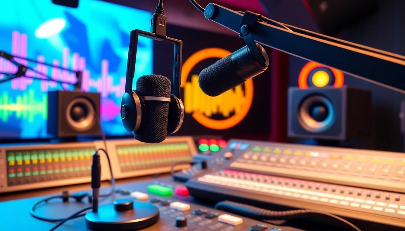 Broadcasting setup from https://chadronradio.com/ featuring vibrant equipment for live recordings.