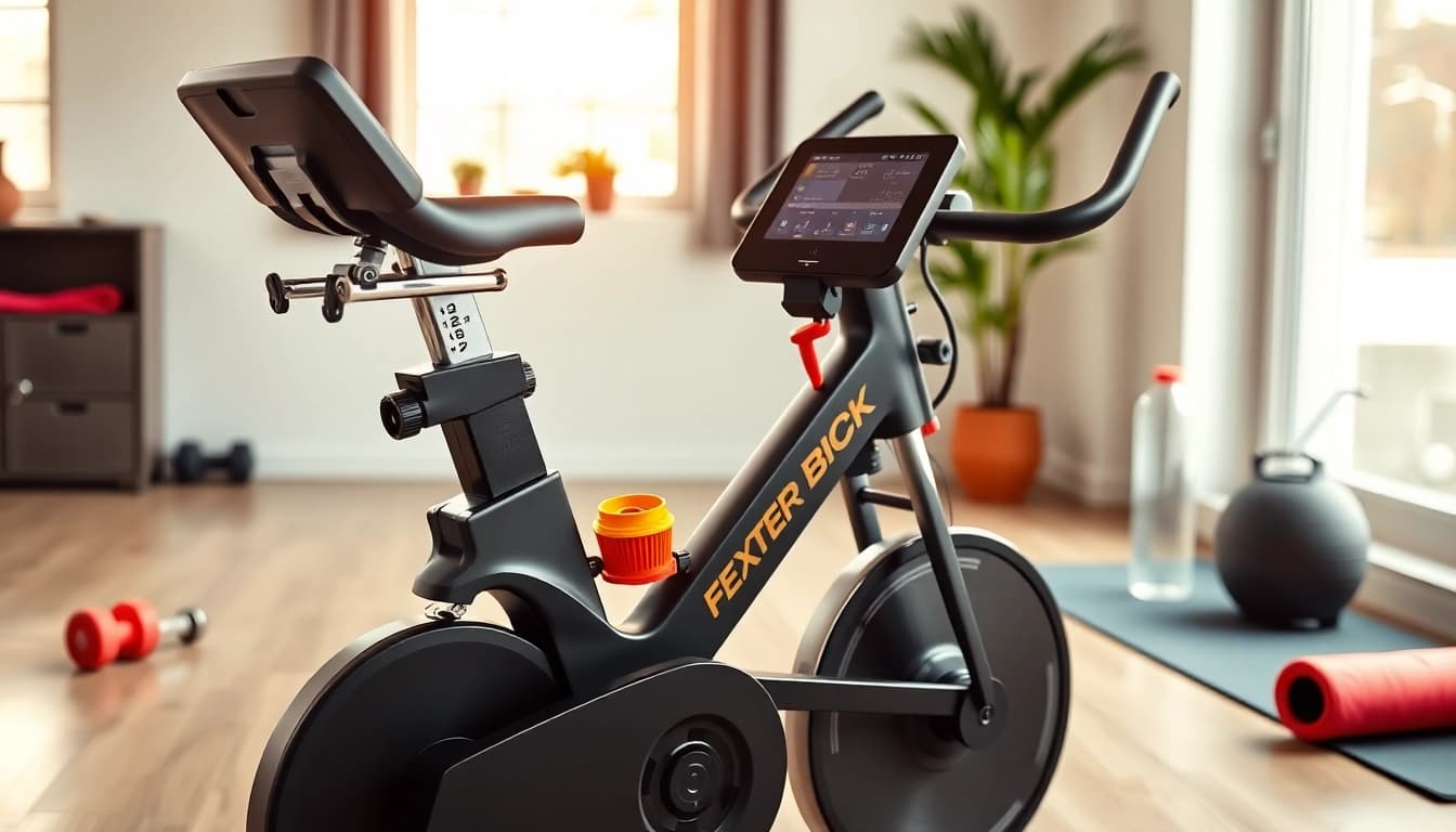Exercise bike manufacturer showcasing a modern bike in a bright home gym setting.