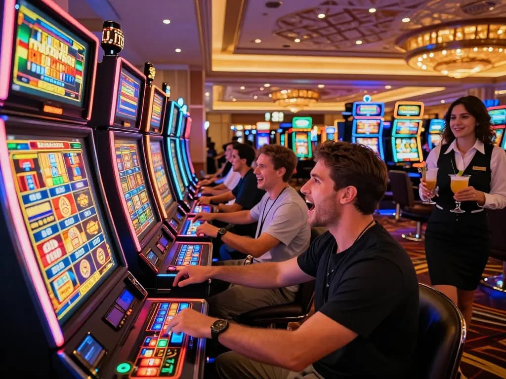 Player celebrating a win at vibrant slot gacor hari ini machines in a bustling casino.
