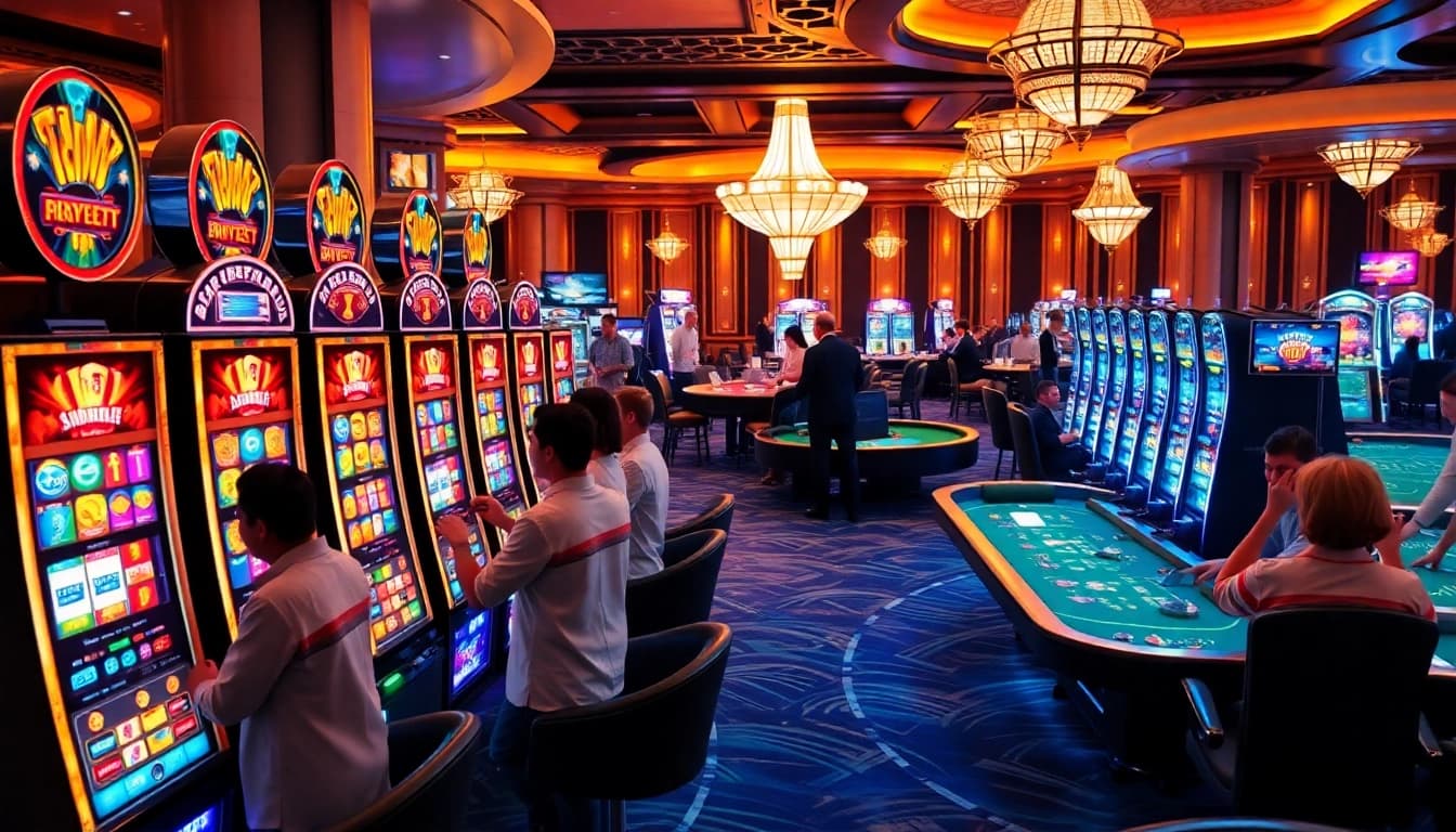 Pemain yang antusias berinteraksi dengan mesin slot deposit 1000 yang berwarna-warni dalam adegan kasino yang hidup.