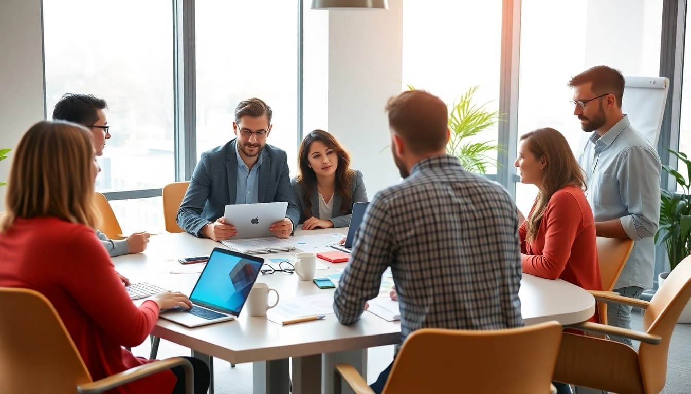 Ontwerp van de enquête op https://enqueteplein.nl met diverse teamleden in een modern kantoor.