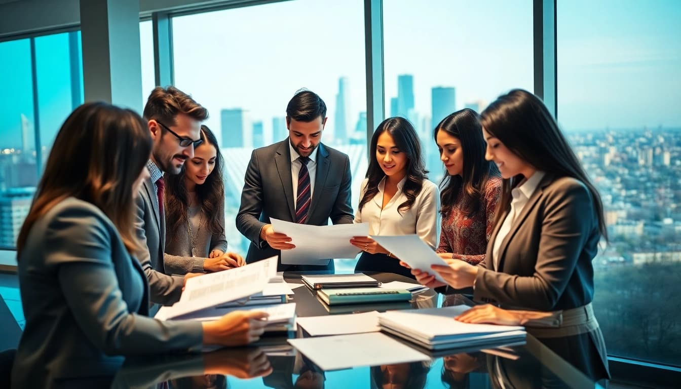 Real Estate team collaborating in a modern office setting, showcasing teamwork and negotiation.