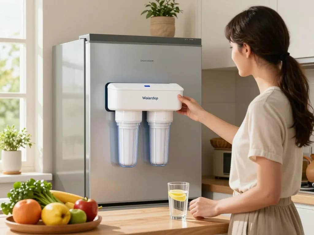 Waterdrop DA29-00020B Refrigerator Water Filter installation in a modern home kitchen, featuring healthy hydration elements.