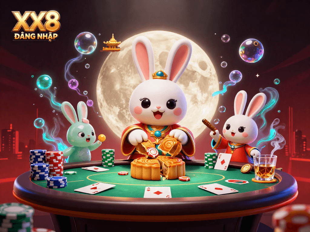 Engage with XX8 ĐĂNG NHẬP through an animated moon rabbit scene revealing hidden poker chips.