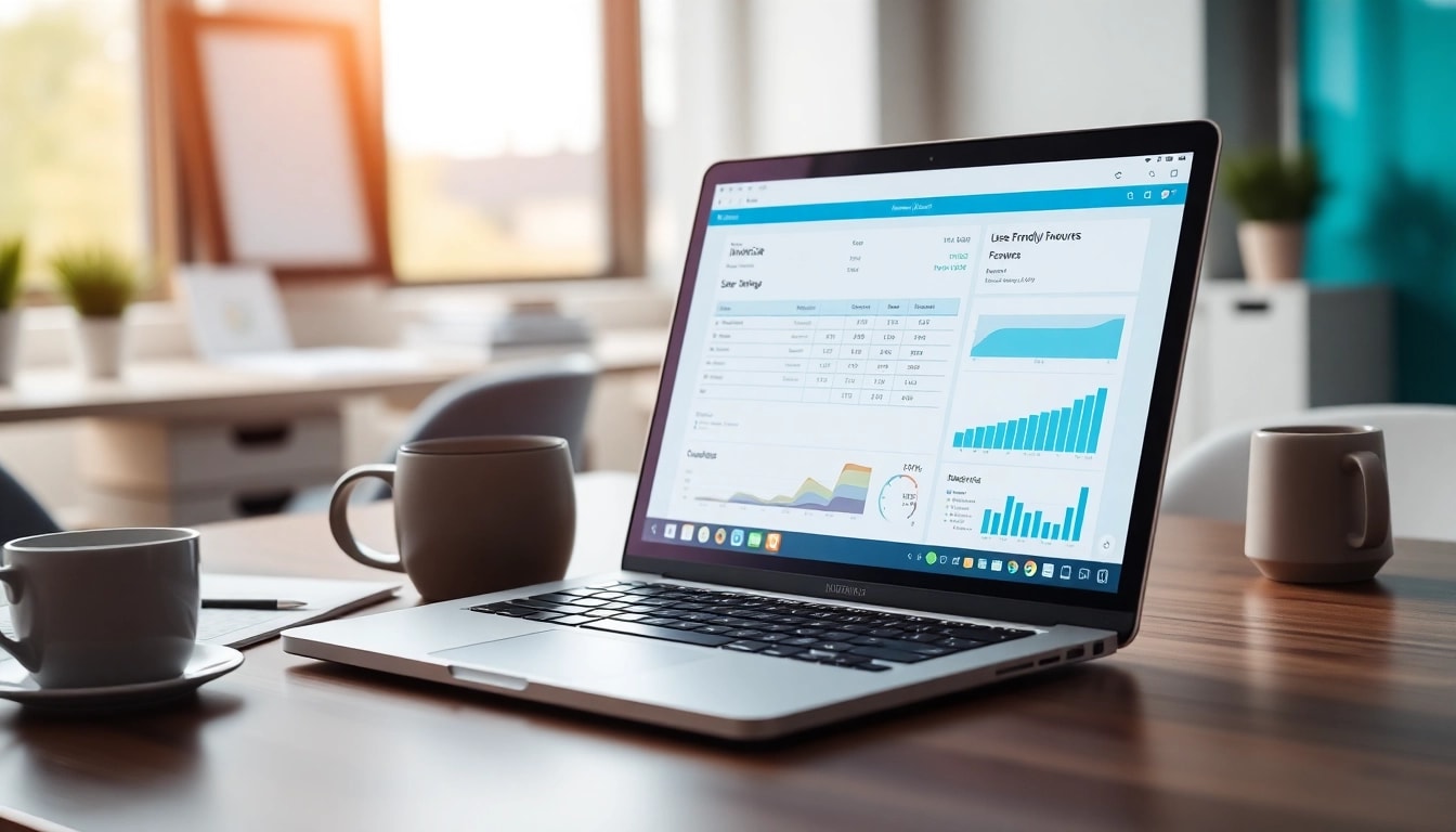 Showcasing invoice processing software on a laptop in a modern workspace.