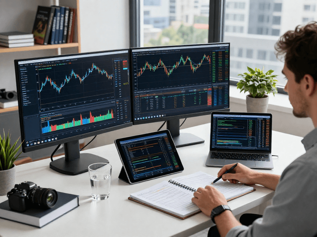 Trader using MetaTrader 5 on dual screens in a professional workspace.