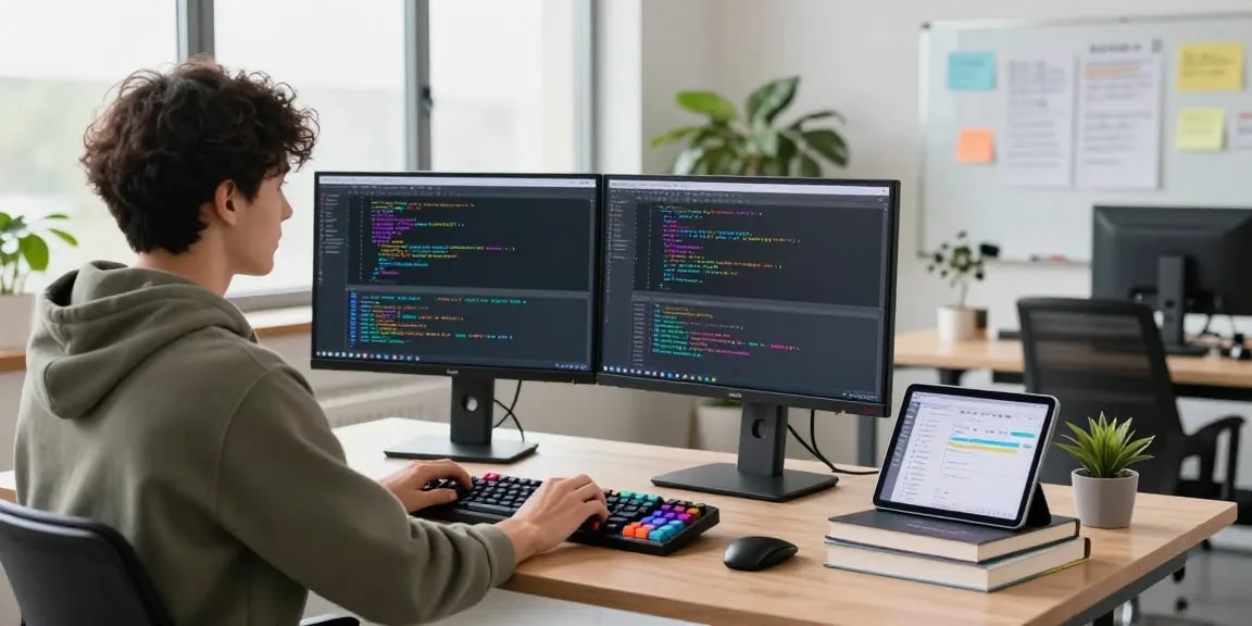 Developer coding at a modern desk with dual monitors, showcasing crushonai technology in an energetic workspace.