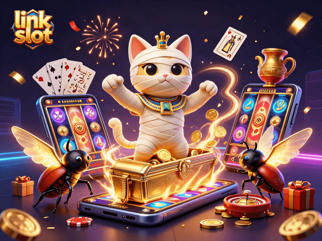 Experience the excitement of link slot games in a vibrant 3D scene featuring a magical Egyptian mummy cat.