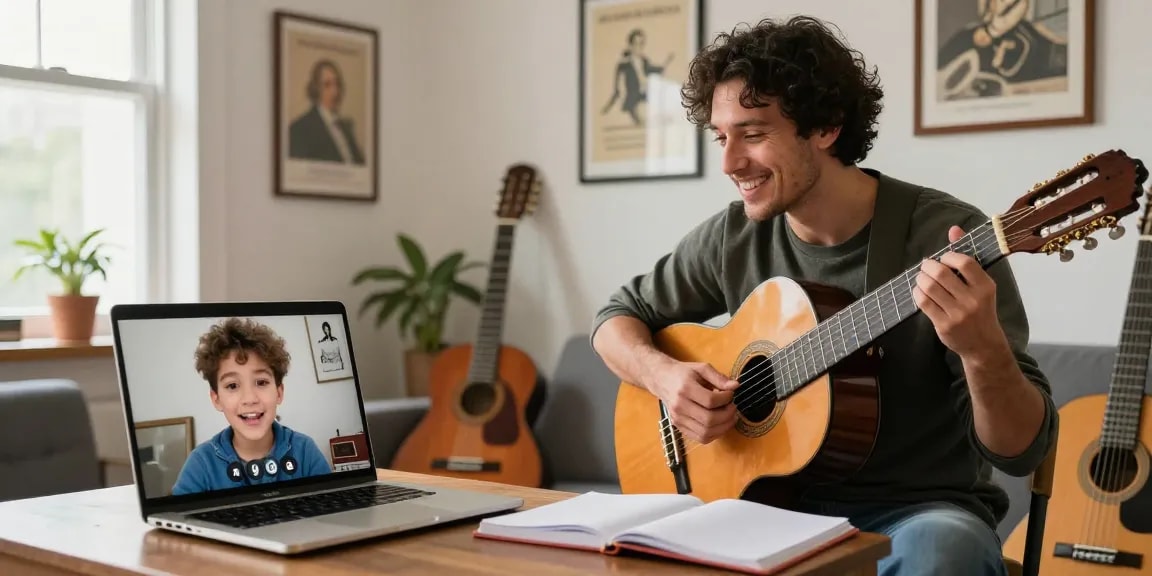Remote Guitar Lessons with a certified instructor in a cozy home studio, engaging with a student via video call.