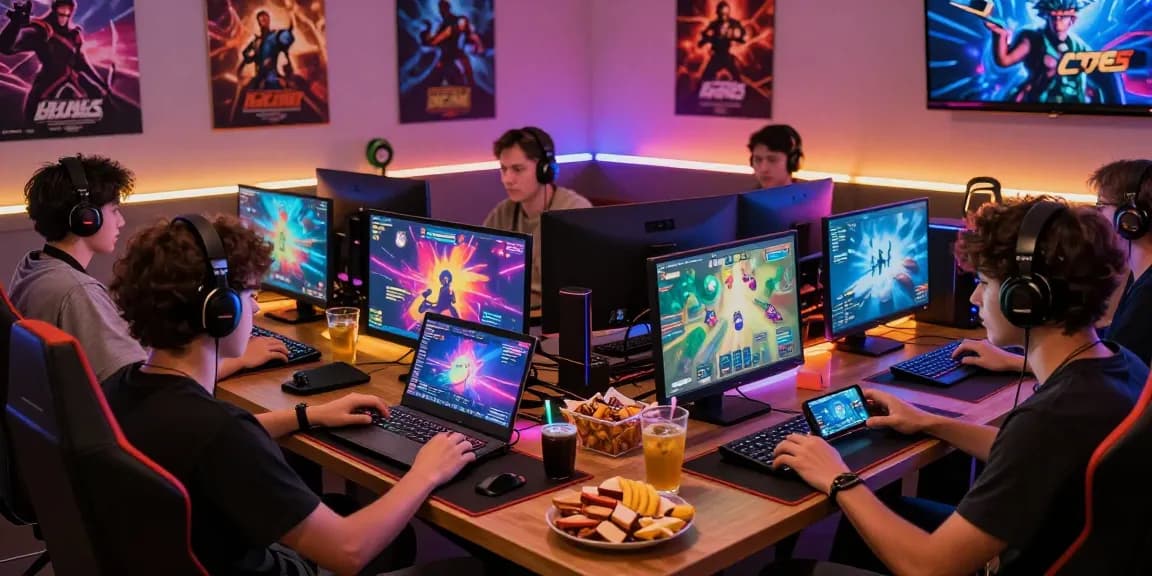 Join friends in a gaming lounge exploring exciting html porn games online on various devices, creating a vibrant atmosphere.
