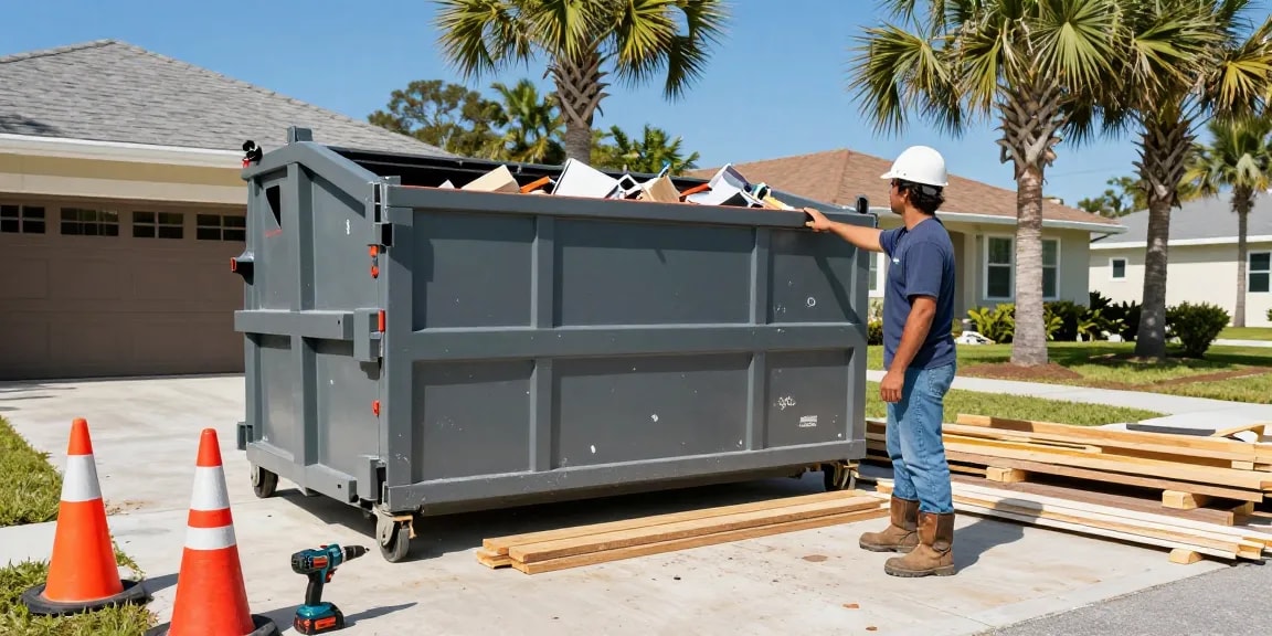 Dumpster rental in Port Charlotte FL for home renovation, contractor overseeing delivery with construction debris.
