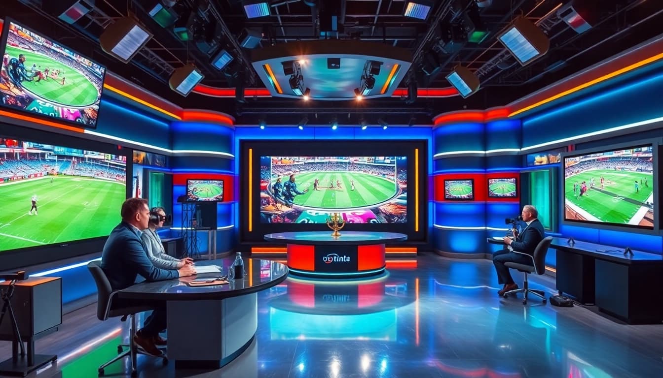 Engaging hosts in a vibrant studio at https://sportnation.nz discussing live sports events.