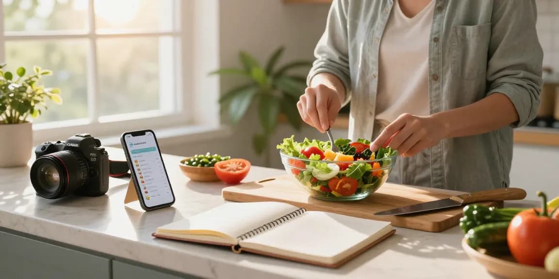 Healthy meal prep with best food tracker app displayed in bright kitchen.