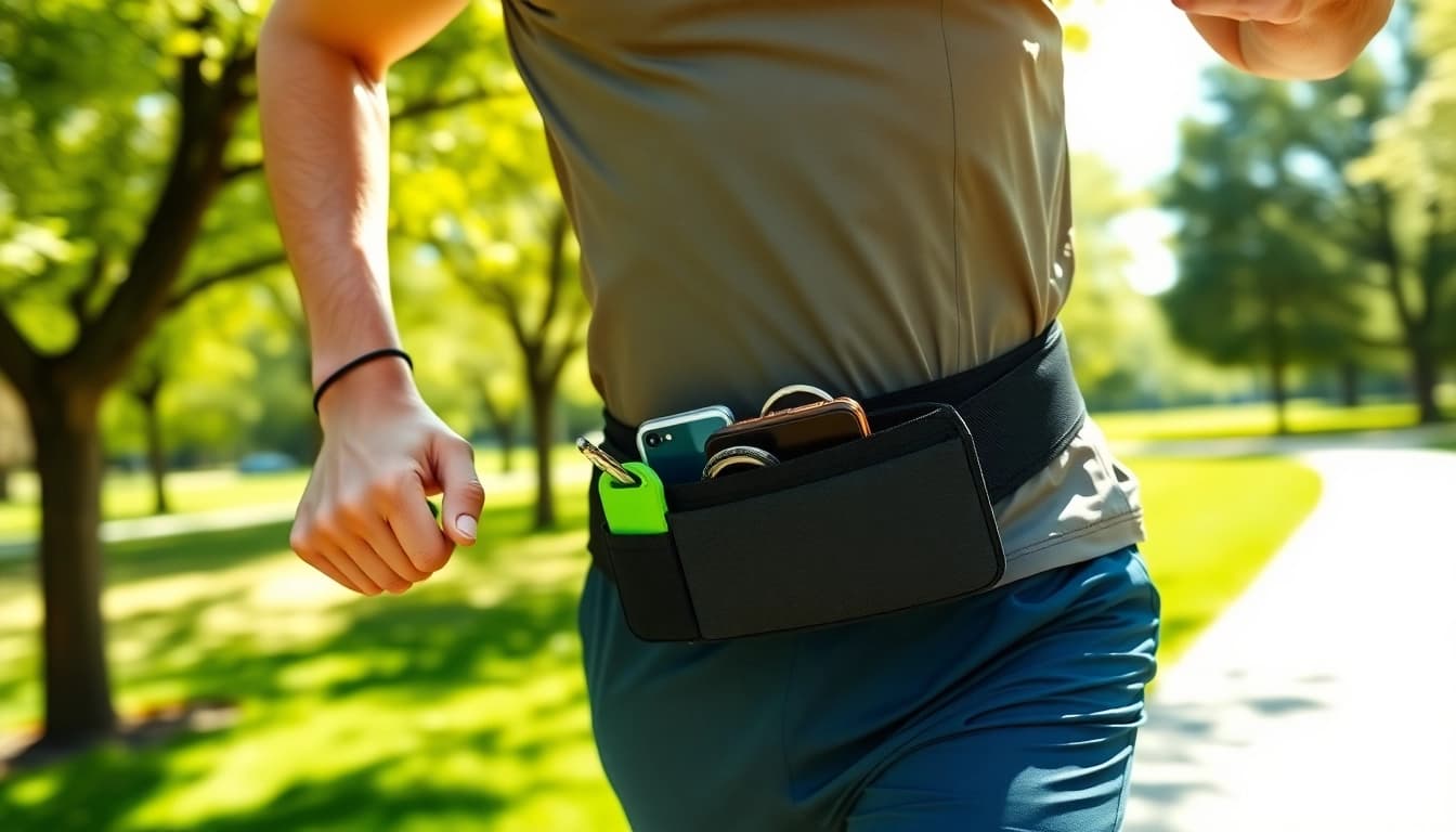 Runner utilizing a running belt to carry essentials during an outdoor jog.
