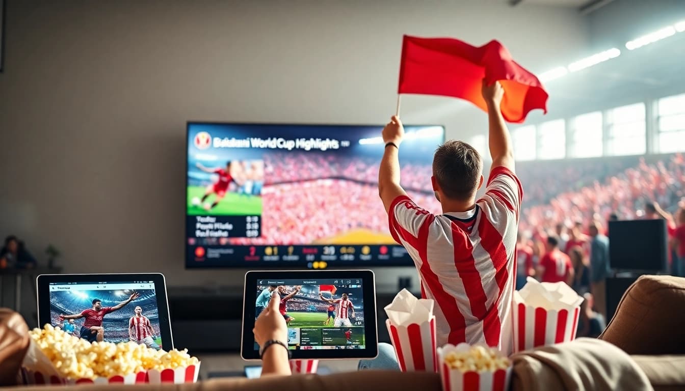 Streaming bolakami world cup dengan penggemar bersemangat di latar belakang stadion.