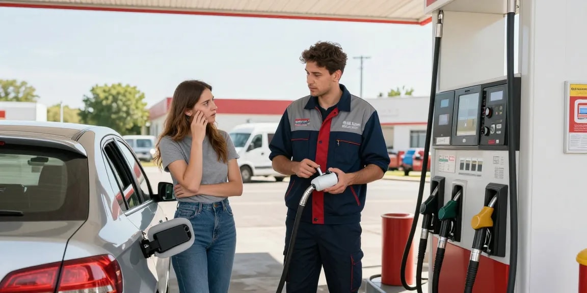 Wrong fuel in car situation with technician assisting distressed driver at fuel station for quick recovery.