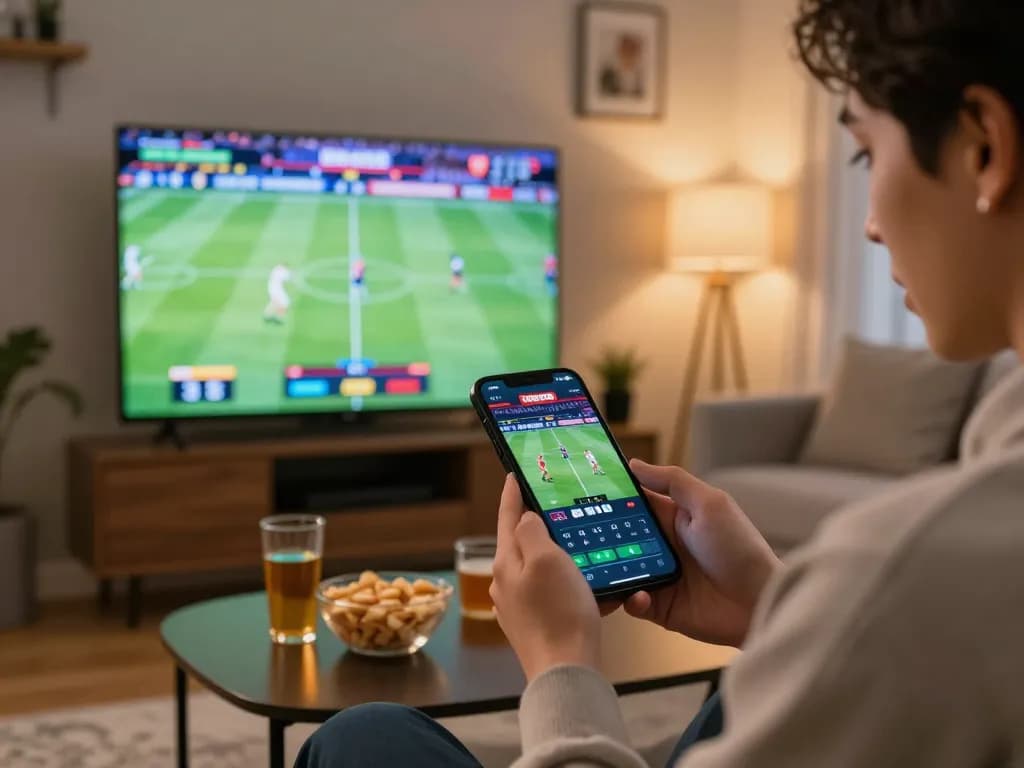 Placing bets on nha cai uy tin through a smartphone in a lively sports setting, showcasing excitement and engagement.