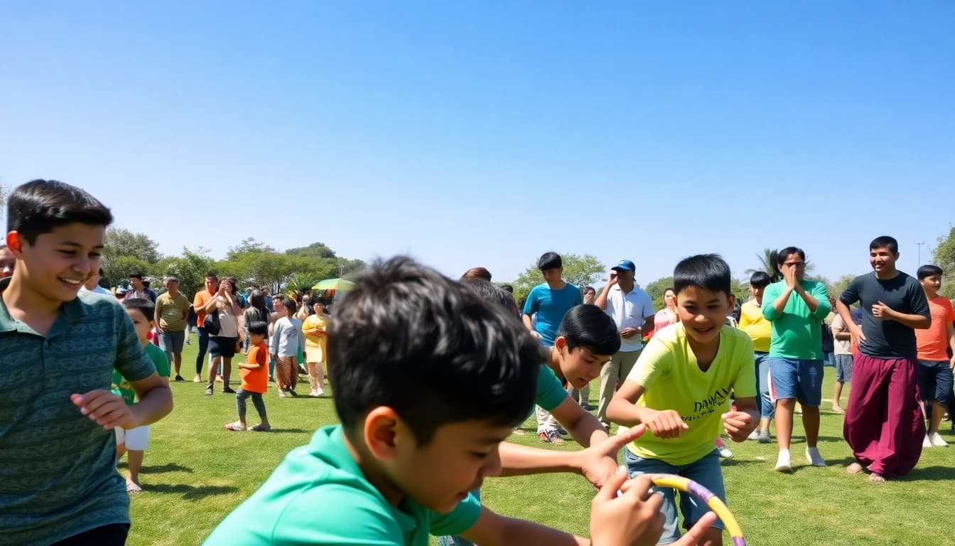 Engaged players enjoying daman games in a lively outdoor setting.