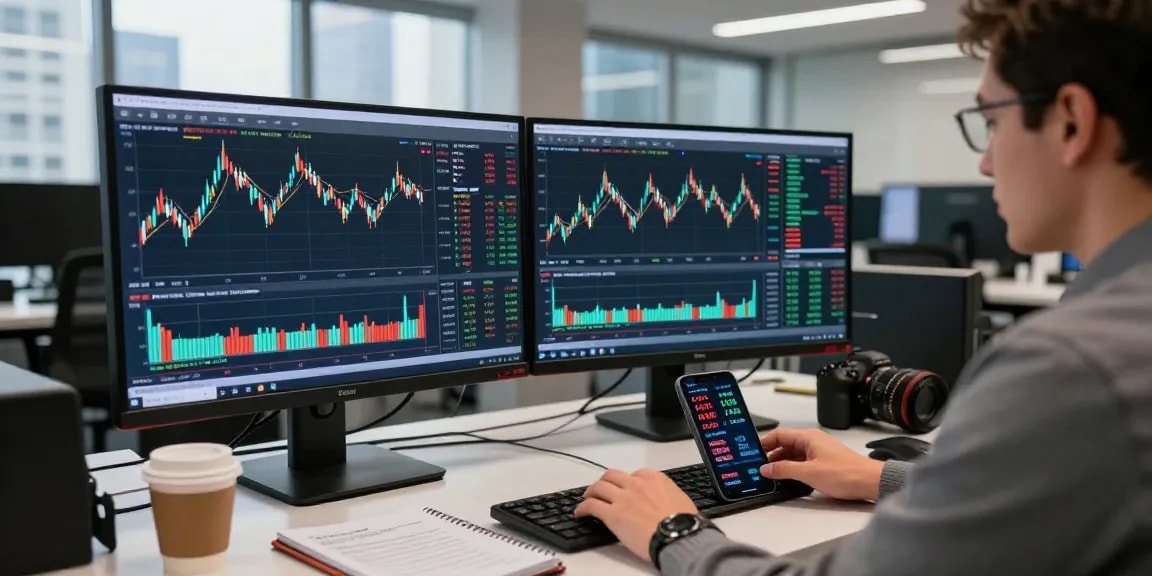Engaging forex trader analyzing live forex charts on dual monitors in a vibrant financial office.