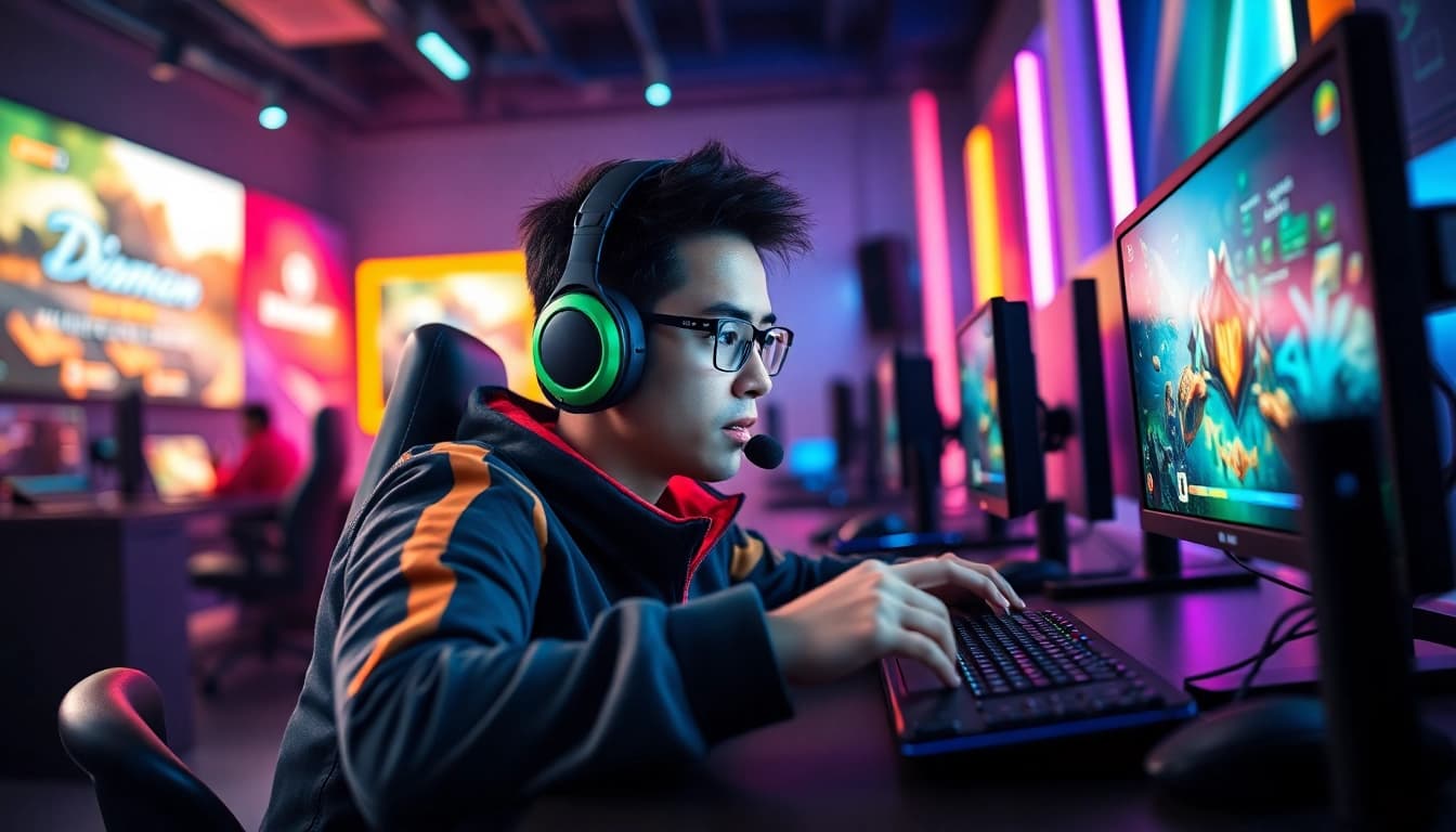 Playing intense daman games on a high-tech gaming setup with vibrant lights.