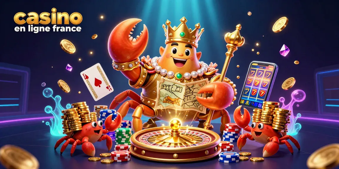 Plongez dans l'univers captivant du casino en ligne France avec ce crabe doré, scepteurs et jetons en jeu.