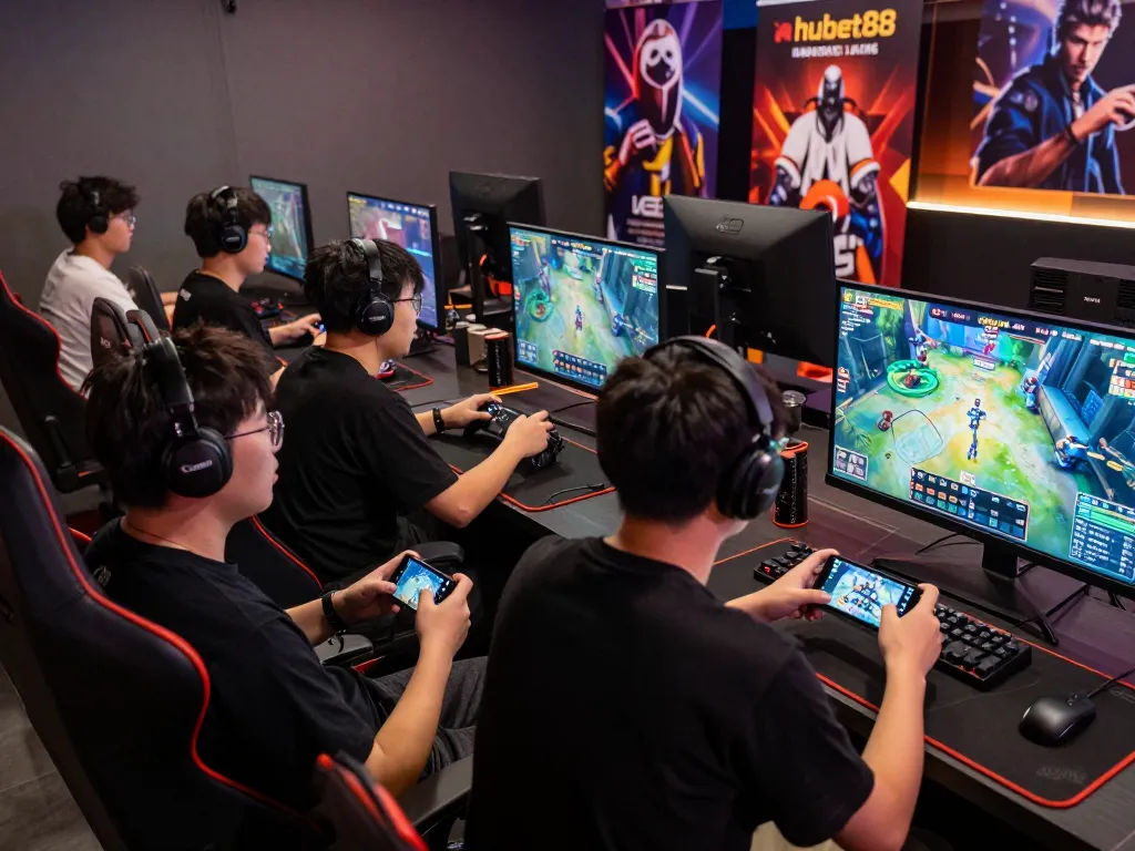 Exciting esports betting activity focusing on nổ hũ hubet88 in a modern gaming lounge with players engaged.