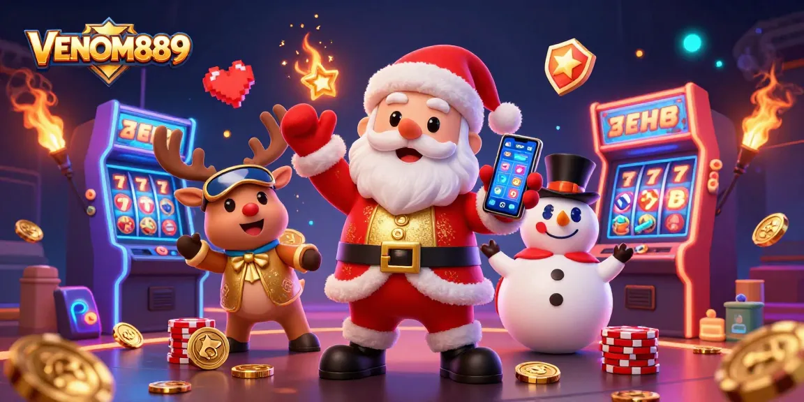 VENOM889 features a festive casino scene with Santa holding jackpot slots and vibrant game elements.
