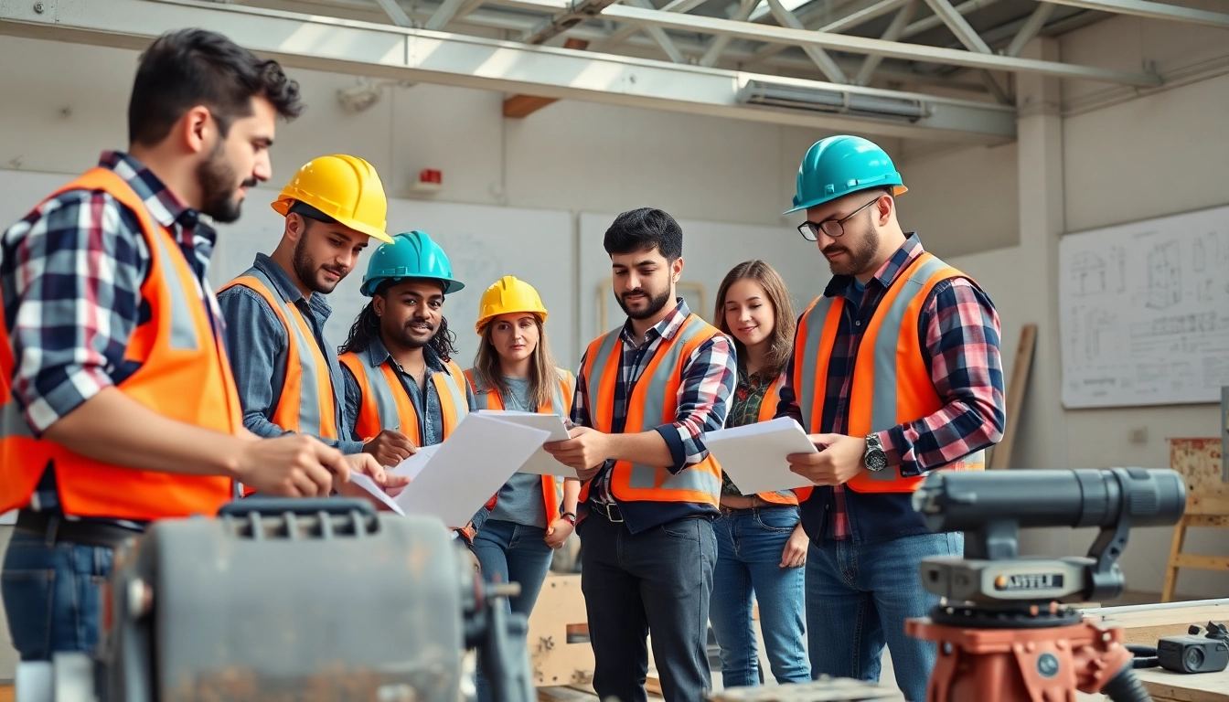 Highlighting a construction apprenticeship as diverse trainees collaborate on-site.