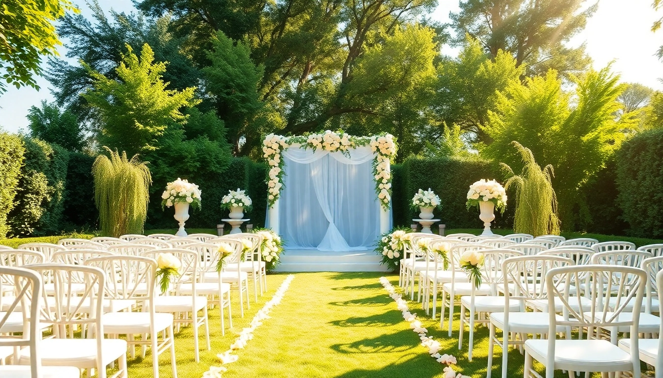 Feierliche location hochzeit im Freien mit blühenden Pflanzen und einer geschmückten Zeremonie.