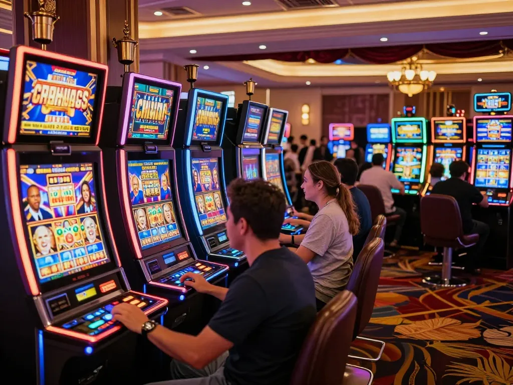 Players engaging in a slot bet 100 strategy at a colorful casino machine area