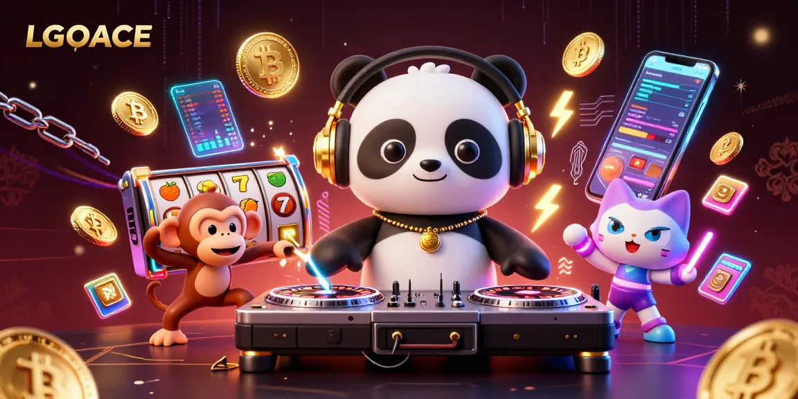 LGOACE invites players to join the fun, featuring a DJ panda and vibrant casino elements in an electrifying scene.