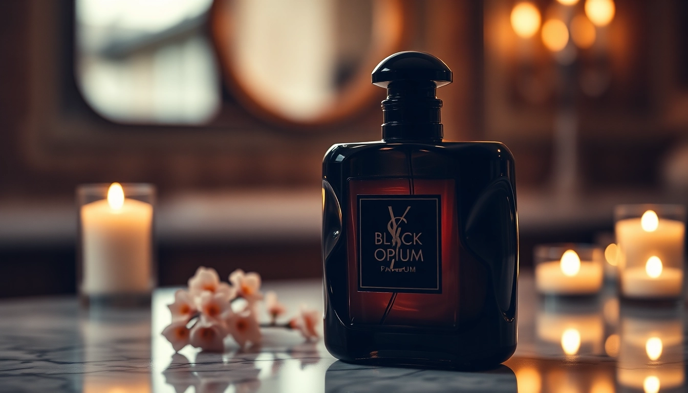 Crafting a luxurious scent experience with ysl black opium perfume bottle on marble.