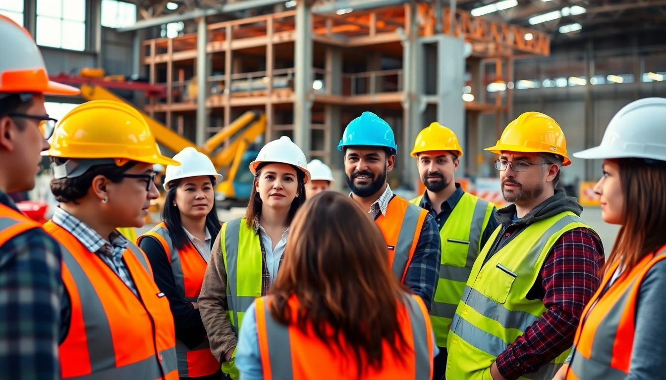 Engaged professionals in a construction network association discussing safety and innovation.