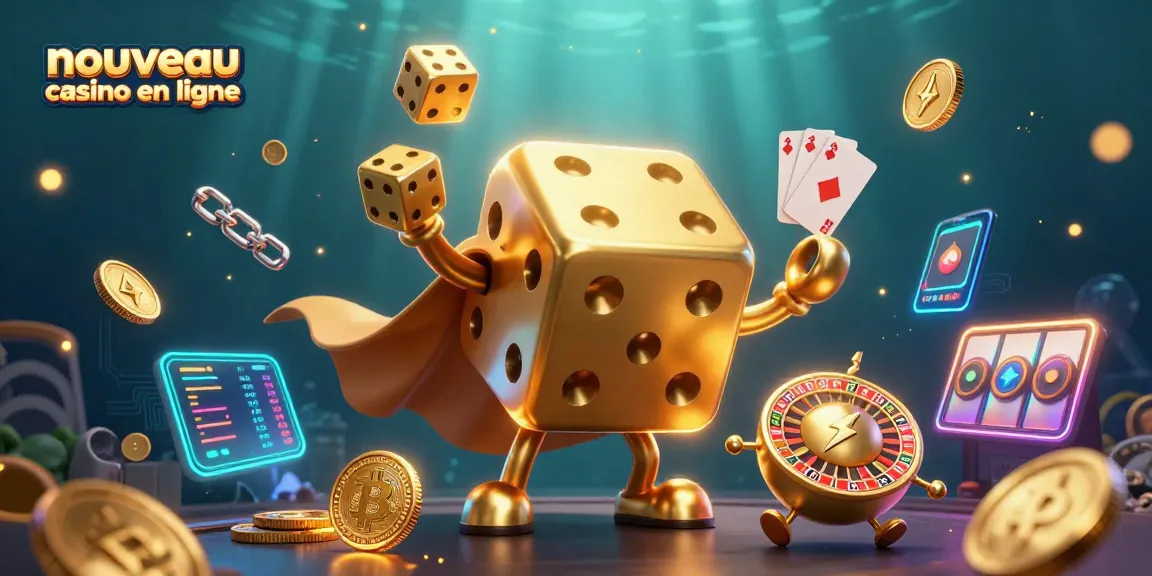 Jouer au nouveau casino en ligne avec des dés dorés et des éléments de jeu.