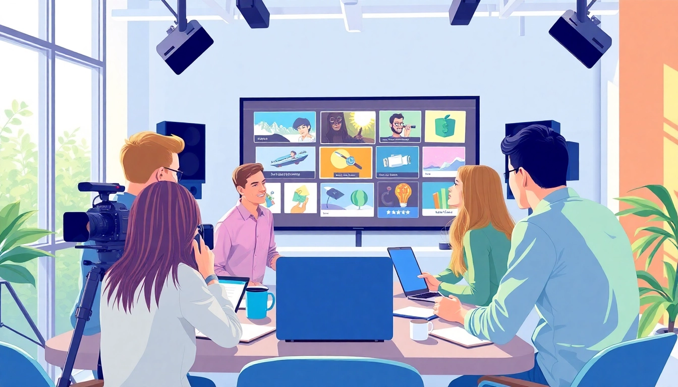 Erklärvideo erstellen in einem modernen Studio mit einem kreativen Team und bunten Grafiken.