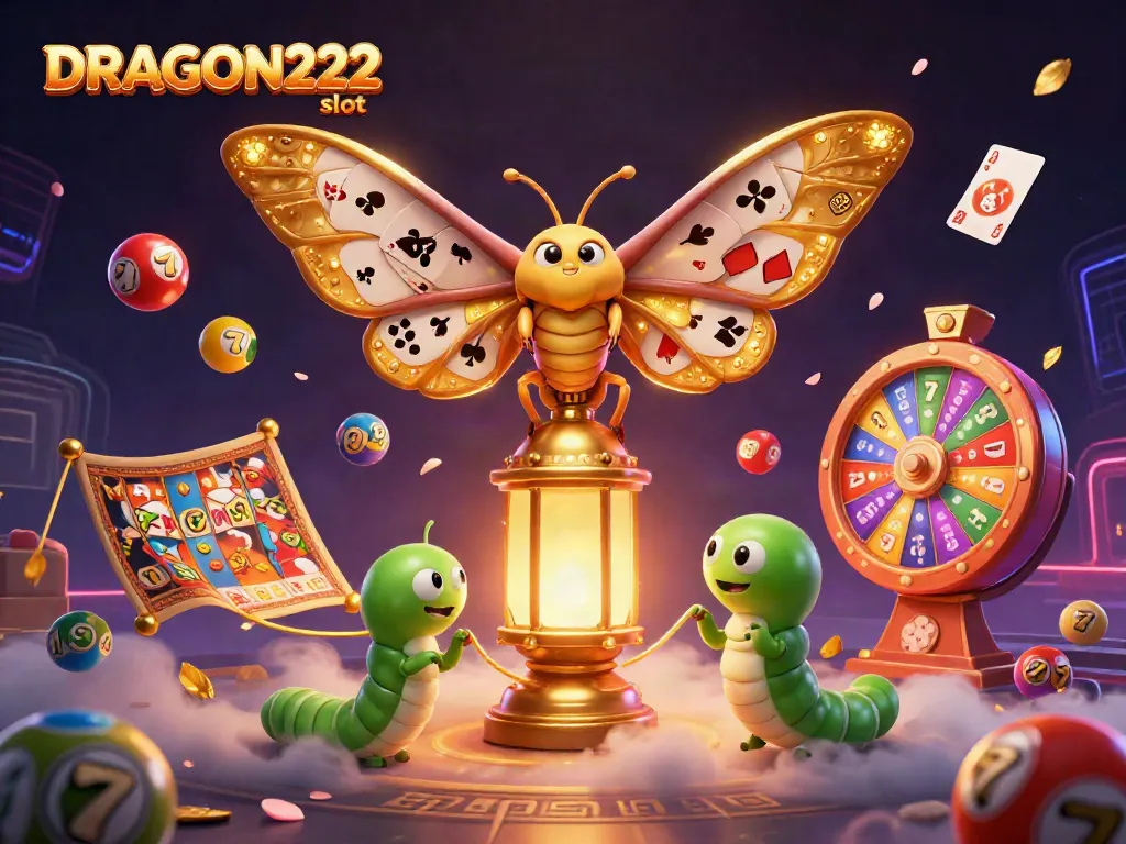 Experience the thrill of DRAGON222 slot with vibrant visuals of a 3D casino moth and dynamic gaming elements.