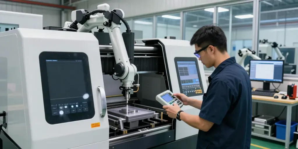 Technician inspecting CNC machine tools in a dynamic manufacturing workspace using productivity tools.
