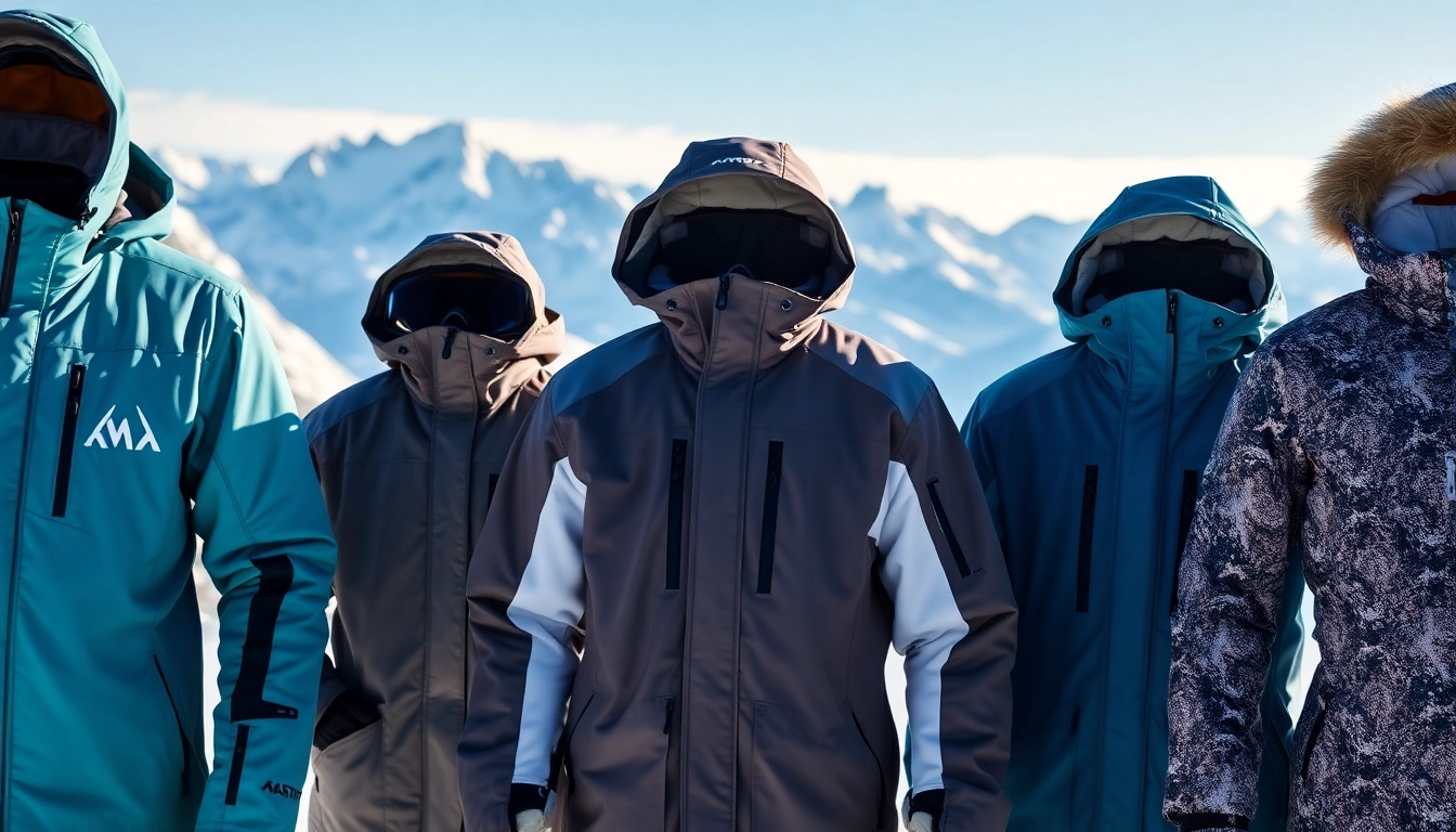 Shop for premium snowboard jackets showcasing vibrant colors and sleek designs in a scenic winter setting.
