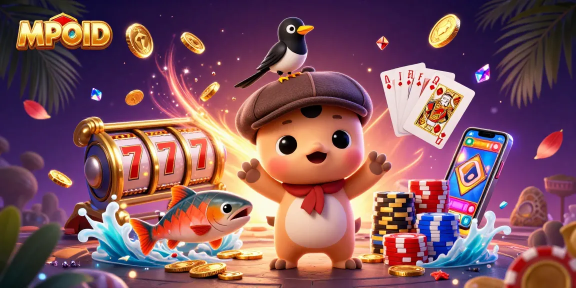 MPOID showcases a lively scene with Nessie and friends amidst vibrant casino elements, spinning reels, and coins.