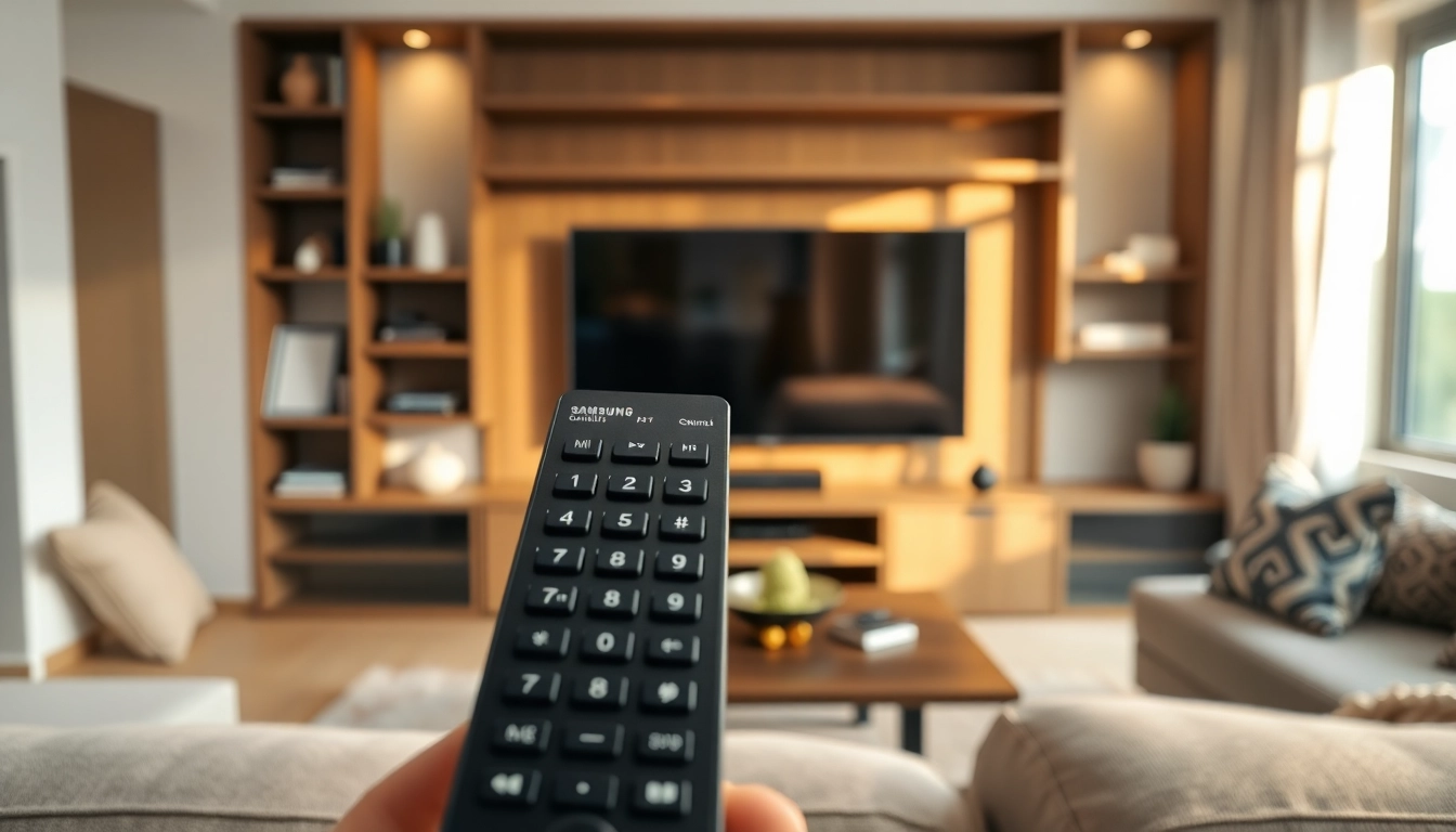 Bedienen Sie die Original Fernbedienung Samsung in einem gemütlichen Wohnzimmer mit stilvoller Athmosphäre.