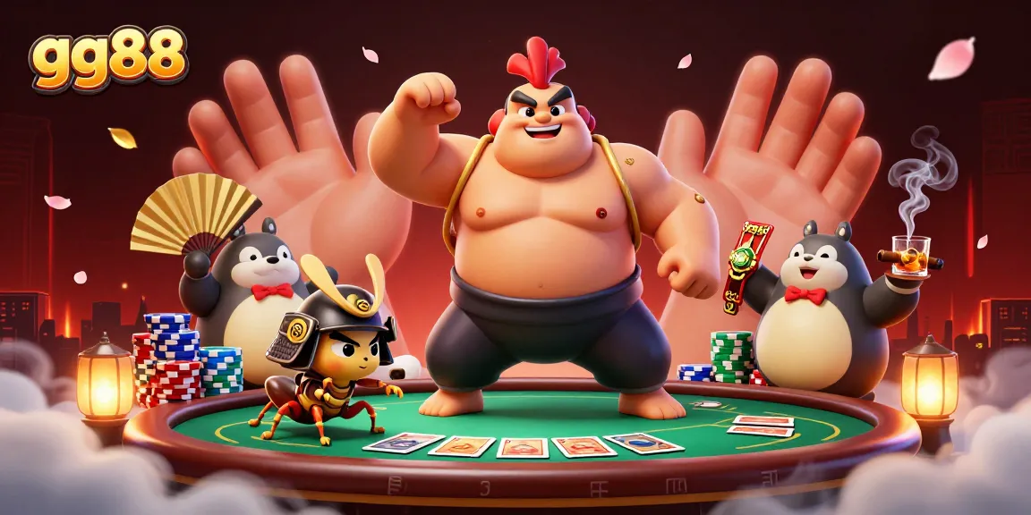 gg88 players engaging intensely at a lively poker table surrounded by vibrant game elements