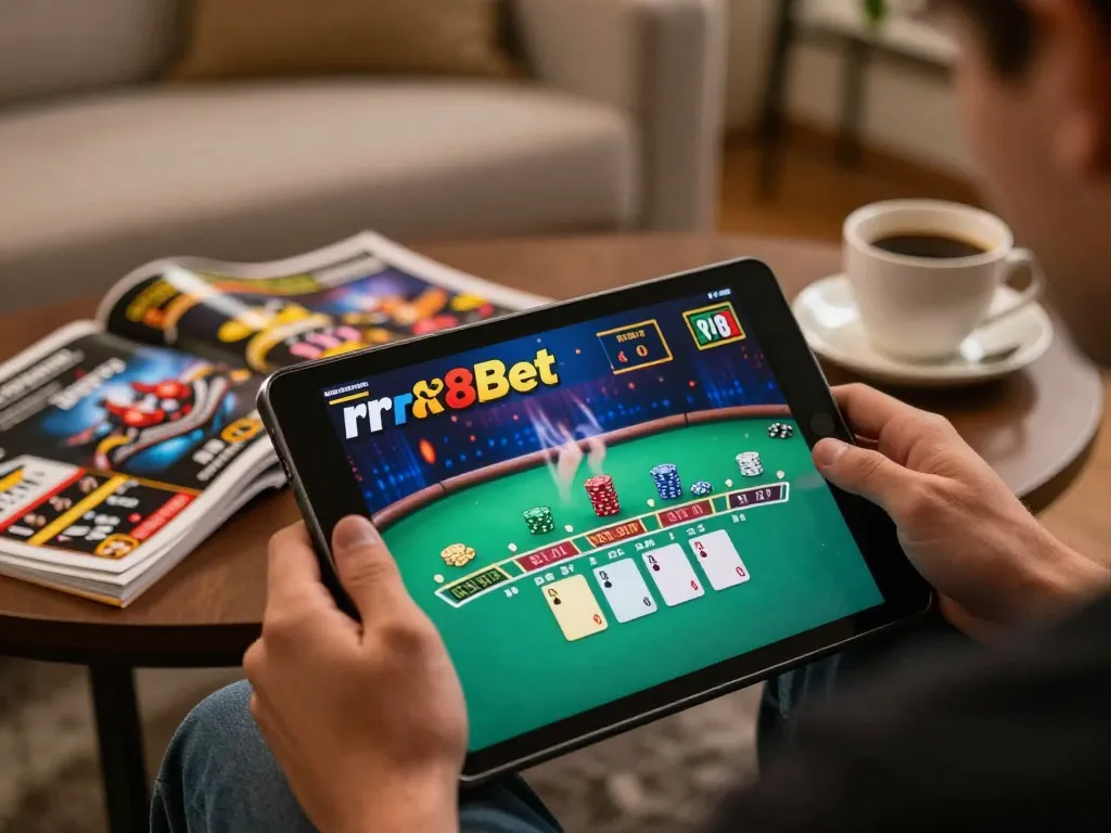 A player enjoying rr88bet casino games on a tablet, revealing a live dealer blackjack game