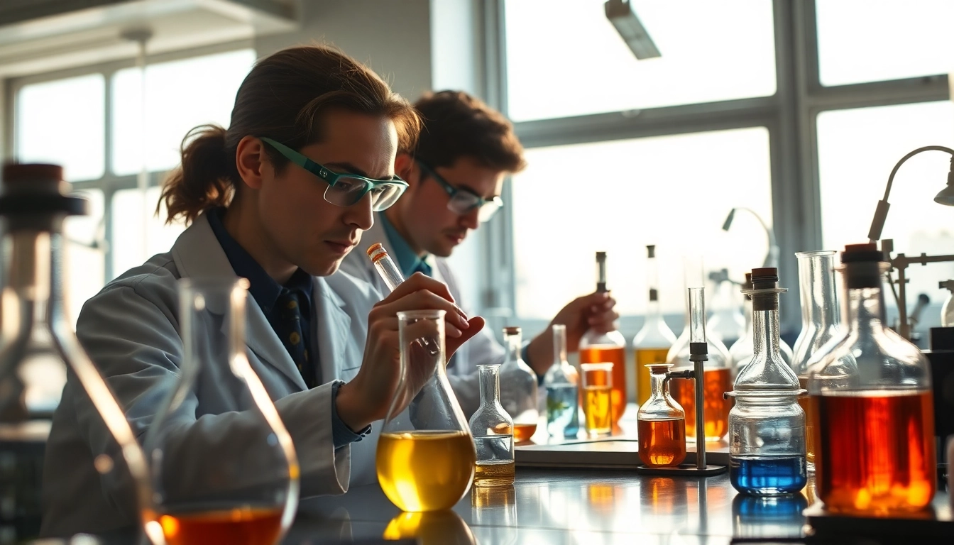 Psychedelicschemstore research lab featuring scientists studying compounds in bright natural light.
