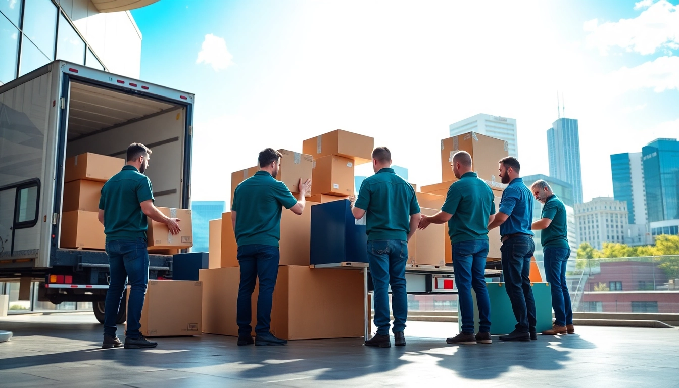 Commercial Movers efficiently packing furniture and equipment in a bright office environment.