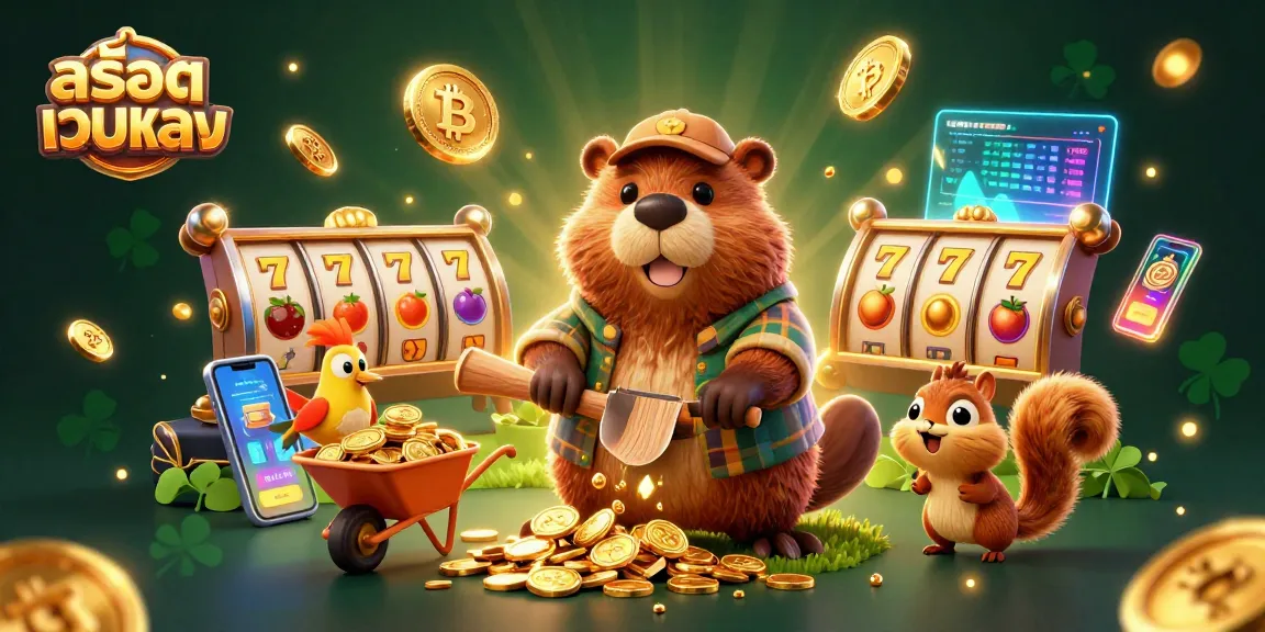 Engage with สล็อตเว็บตรง as a 3D cartoon beaver chops a tree raining gold coins while surrounded by slot symbols and crypto elements.