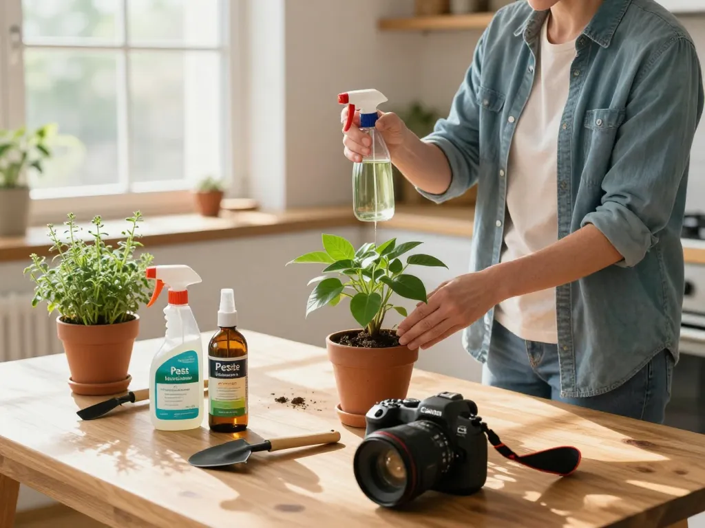 Pest control tips applied by a homeowner in a bright kitchen, showcasing natural pest management.