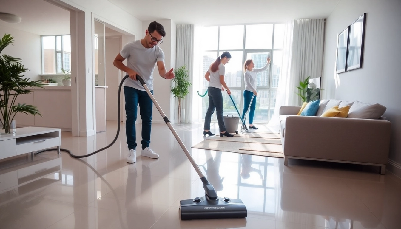 Team performing bond cleaning brisbane ensuring quality and thorough results in a bright apartment.